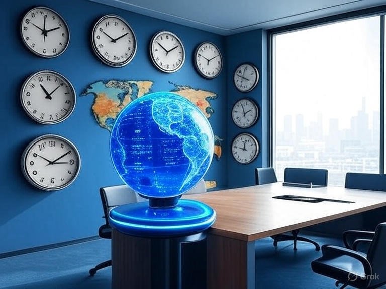 World time zone conversion illustration showing clocks from different countries